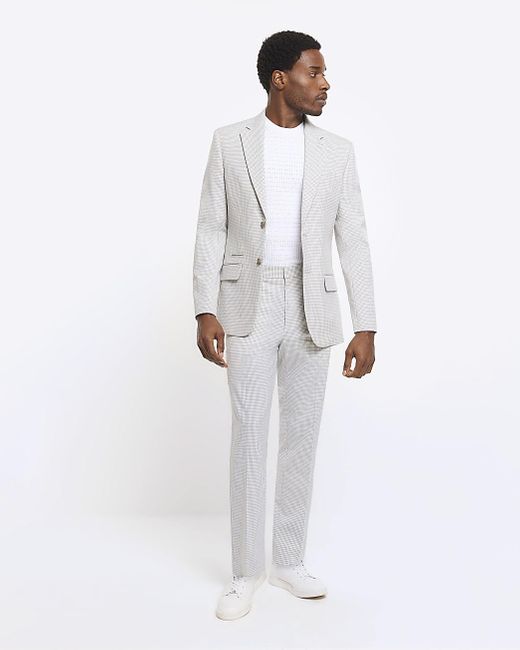 River Island White Grey Slim Fit Gingham Suit Jacket for men