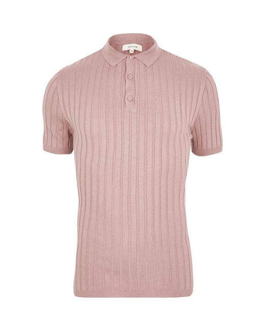 River Island Pink Ribbed Muscle Fit Polo Shirt for men