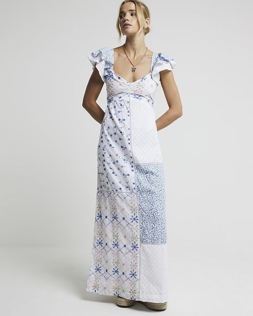 River Island White Floral Patchwork Embroidered Maxi Dress
