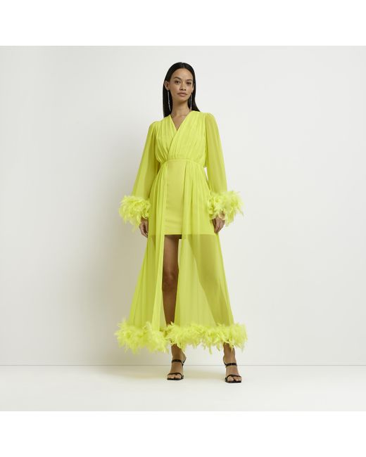 River Island Yellow Green Green Feather Trim Maxi Dress