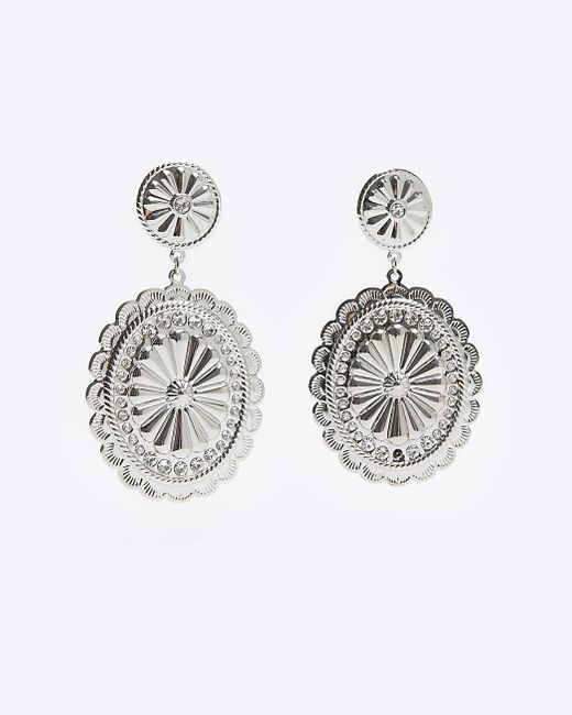 River Island White Silver Textured Disc Drop Earrings