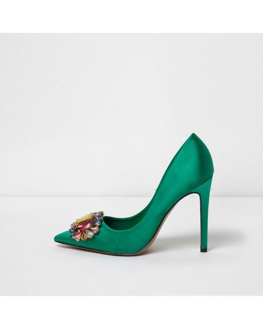 River Island Green Satin Jewel Embellished Court Shoes Green Satin Jewel Embellished Court Shoes