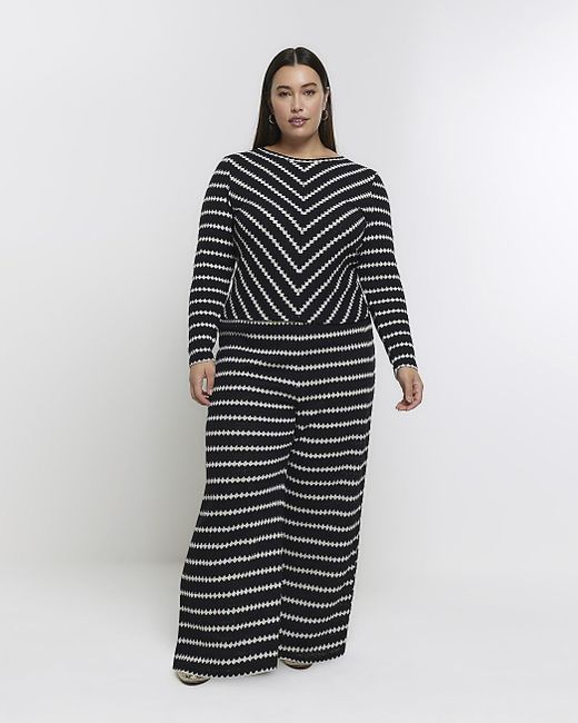 River Island Gray Plus Black Crochet Stripe Long Sleeve Top