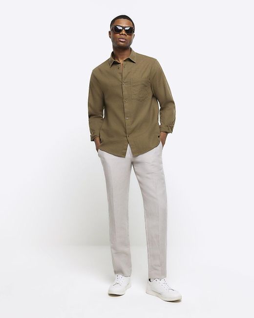 River Island Green Khaki Regular Fit Linen Blend Shirt for men