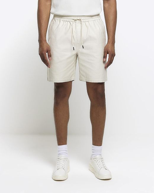 River Island White Beige Regular Fit Pull On Shorts for men