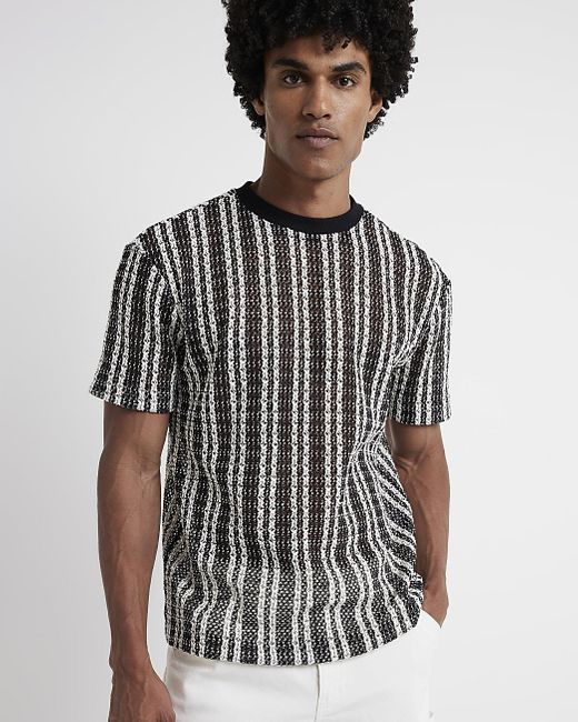 River Island White Crochet Stripe T-shirt for men