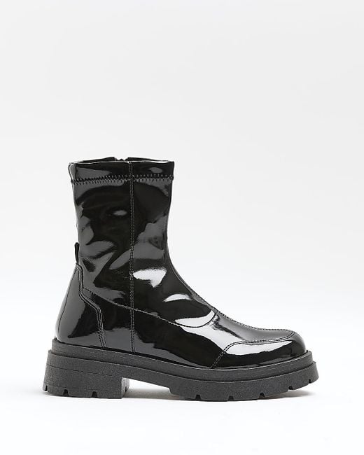 River Island Patent Chunky Ankle Boots in Black | Lyst