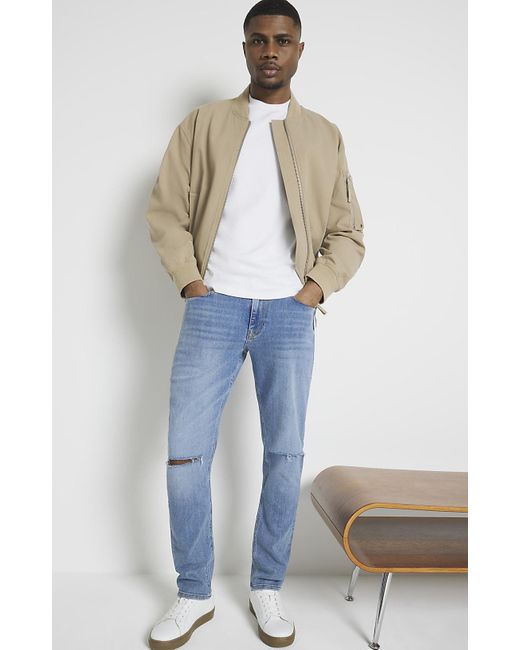 River Island Blue Slim Fit Ripped Jeans for men