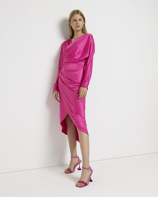 River Island Satin Wrap Midi Dress in Pink Lyst