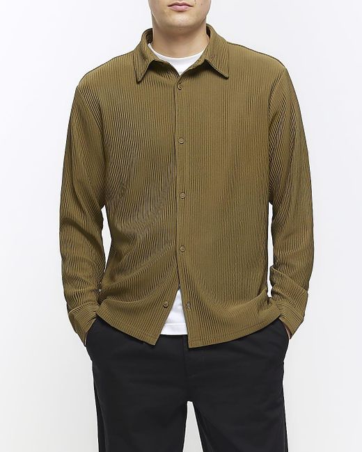 River Island Green Khaki Regular Fit Plisse Long Sleeve Shirt for men