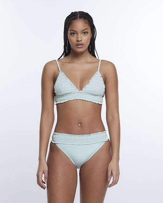 River Island Shirred Frill Bikini Top in Blue | Lyst