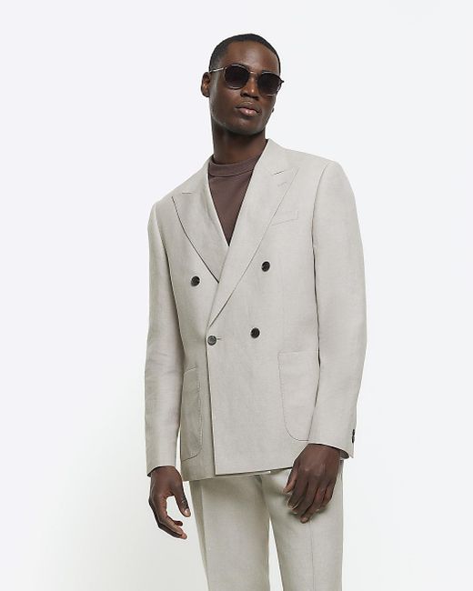 River Island Gray Beige Slim Fit Linen Blend Suit Jacket for men