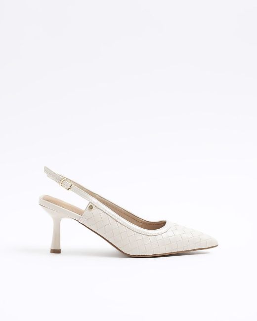 River Island White Beige Wide Fit Weave Heeled Court Shoes