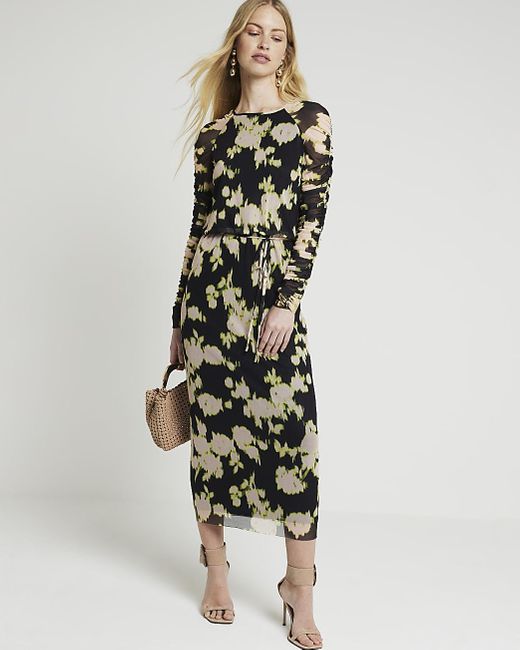 River Island White Black Floral Ruched Sleeve Bodycon Midi Dress