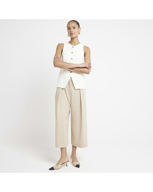 River Island Natural Beige Wide Leg Pleated Cropped Trousers