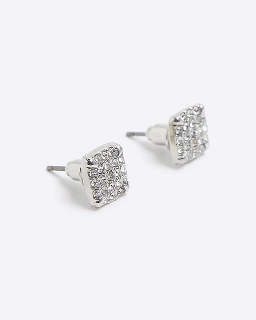 River Island White Silver Colour Diamante Stud Earrings for men