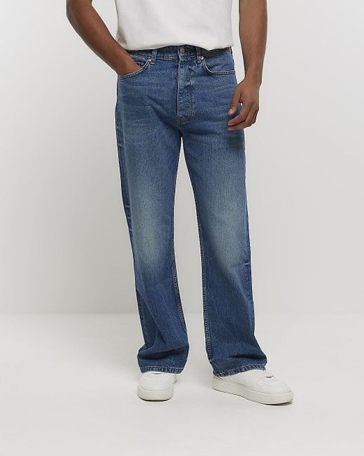 River Island Blue Faded baggy Jeans for men