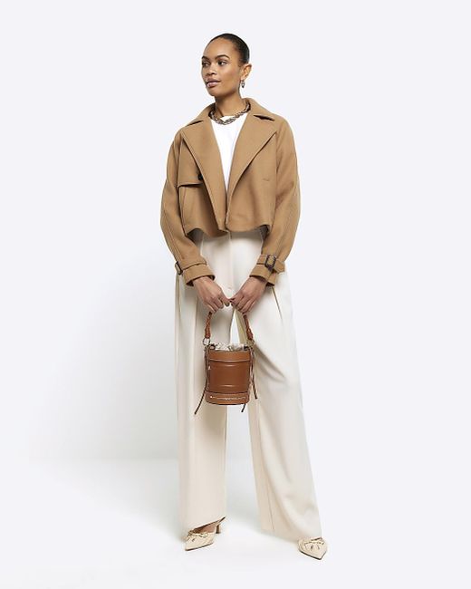 River Island Natural Brown Faux Wool Crop Trench Coat