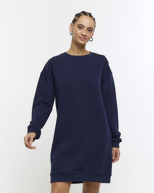 River Island Blue Button Detail Sweatshirt Mini Dress