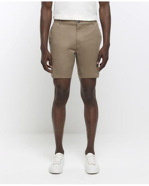River Island White Beige Skinny Fit Chino Shorts for men