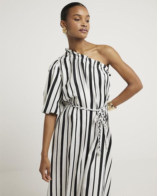 River Island White Black Linen Blend Stripe Shift Midi Dress
