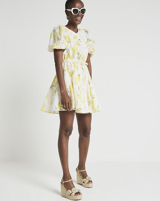 River Island Natural Yellow Floral Puff Sleeve Swing Mini Dress
