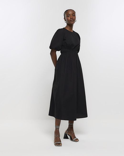 River Island Black Puff Sleeve Smock Midi Dress Lyst