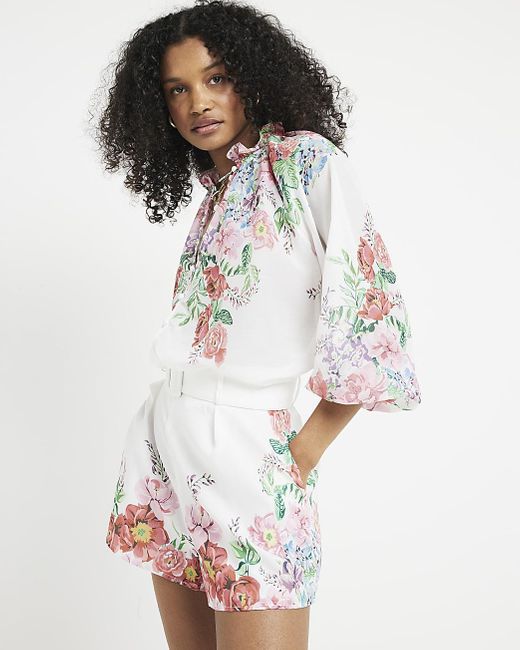 River Island White Pink Floral Blouse