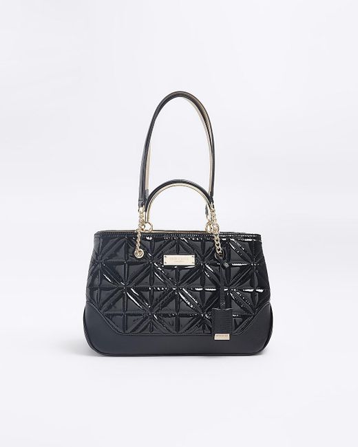 River Island Blue Black Quilted Chain Handle Tote Bag
