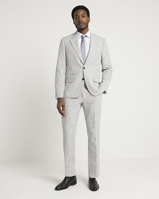 River Island Gray Grey Slim Fit Textured Suit Jacket for men