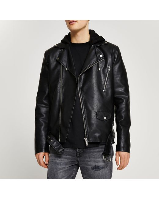 River Island Hooded Faux Leather Biker Jacket in Black for Men | Lyst UK