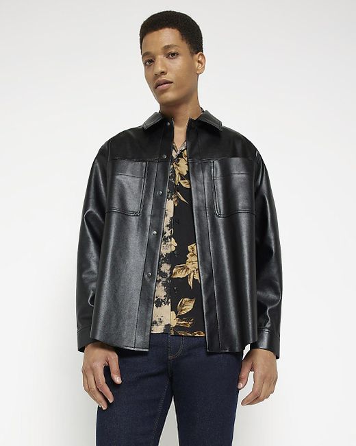 River Island Black Oversized Faux Leather Shacket in Gray for Men Lyst
