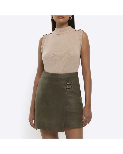 River Island Green Khaki Faux Leather Buckle Mini Skirt