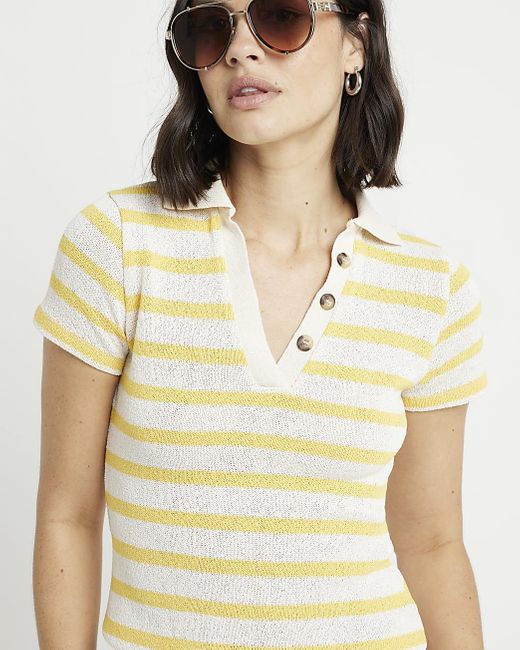 River Island Yellow Crochet Stripe Polo T-shirt