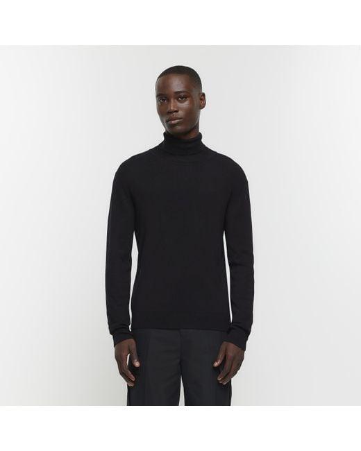 River Island Black Slim Fit Rolled Neck Jumper for Men Lyst UK