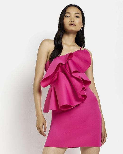 River Island Pink One Shoulder Frill Mini Dress | Lyst Canada