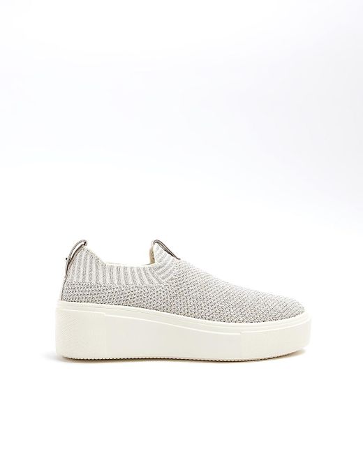 River Island White Silver Slip On Knit Sneakers