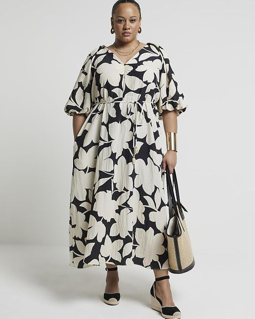 River Island White Floral Belted Midi Dress