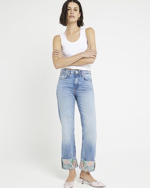 River Island Blue Embroidered Stove Pipe Straight Jeans