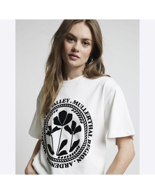 River Island Gray Cream Floral Graphic T-shirt