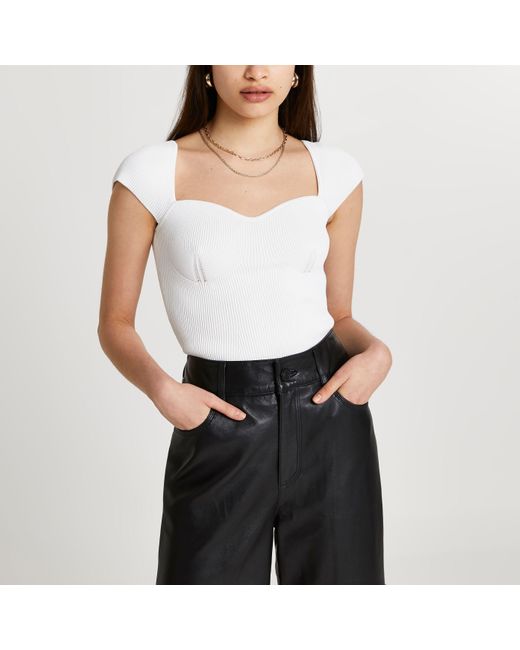 River Island White Cap Sleeve Sweetheart Bustier Knit Top