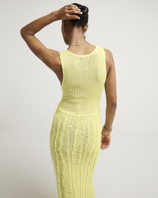 River Island Metallic Yellow Ribbed Fringe Bodycon Midi Dress