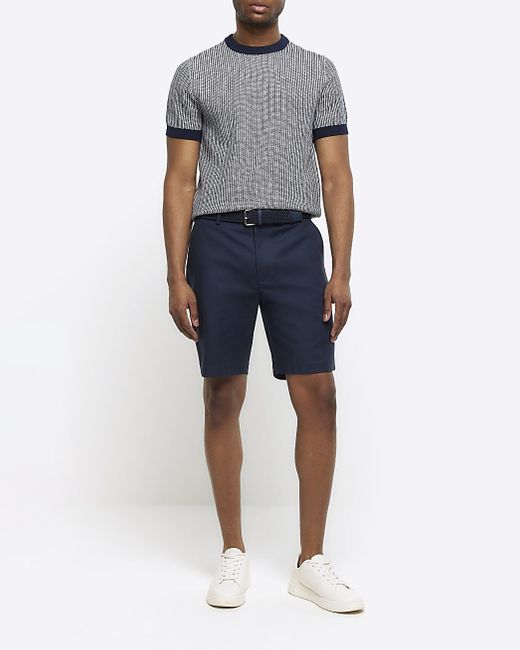 River Island Blue Navy Slim Fit Belted Chino Shorts for men