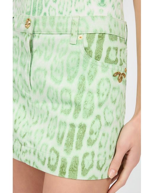 Roberto Cavalli Green Jaguar Mint Print Denim Mini Skirt