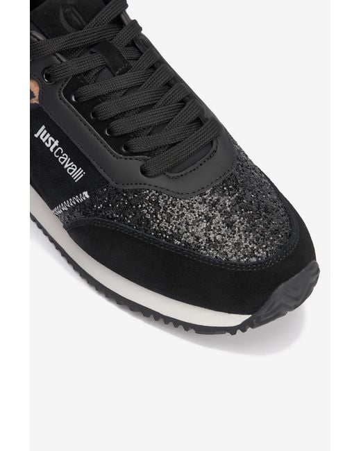 Roberto Cavalli Black Sneakers With Jaguar Skin And Glitter Insert