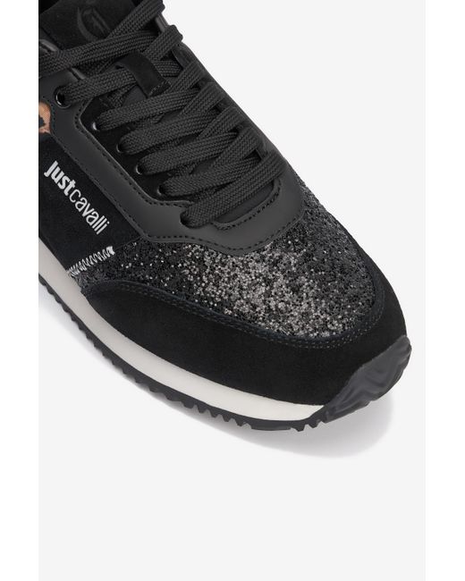 Zapatillas Negras Con Inserto De Piel De Jaguar Y Glitter Roberto Cavalli de color Black