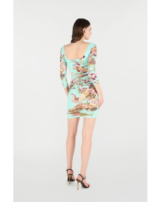 Roberto Cavalli White Mini Dress With Oriental Bird Print