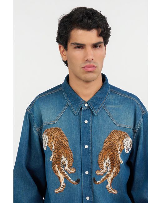 Roberto Cavalli Blue Denim Shirt With Tiger Embroidery for men