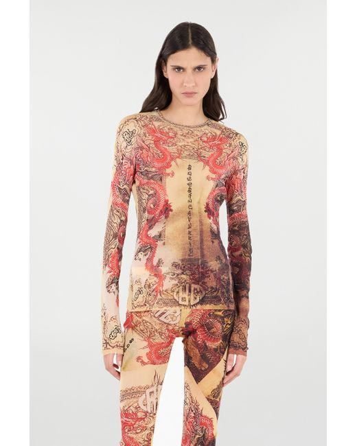 T-Shirt A Maniche Lunghe Con Stampa Orientale di Roberto Cavalli in Red