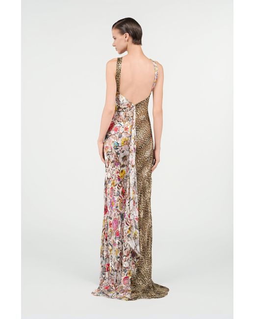 Roberto Cavalli White Long Chiffon Dress With Florentine Flowers Print